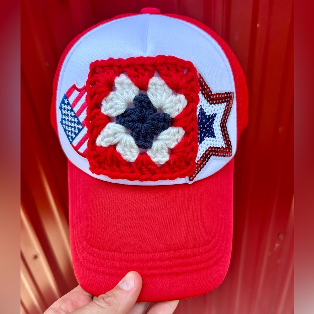 Patriotic Granny Square Trucker Hat with Patches 🇺🇸🇺🇸🇺🇸